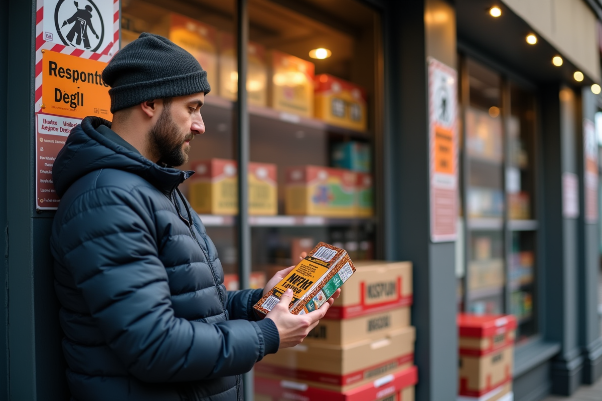 Adulte responsable examinant un paquet d'artifices légaux devant un magasin