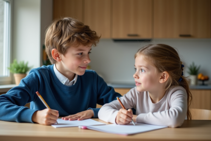 Adolescent aidant sa s&oelig;ur aux devoirs dans la cuisine chaleureuse