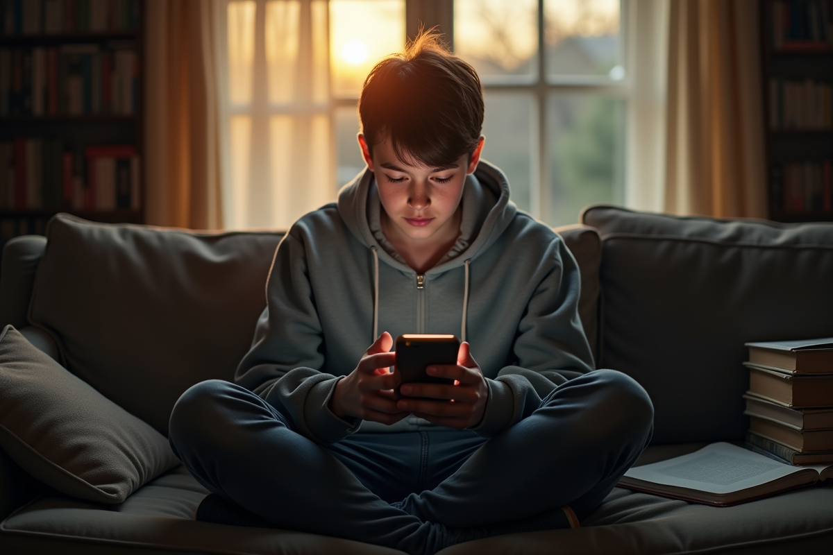 Adolescent seul sur un canapé regardant son smartphone lumineux