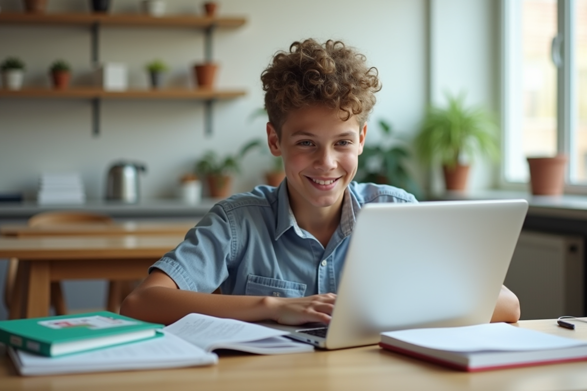 Adolescent utilisant un ordinateur pour faire ses devoirs dans une chambre lumineuse