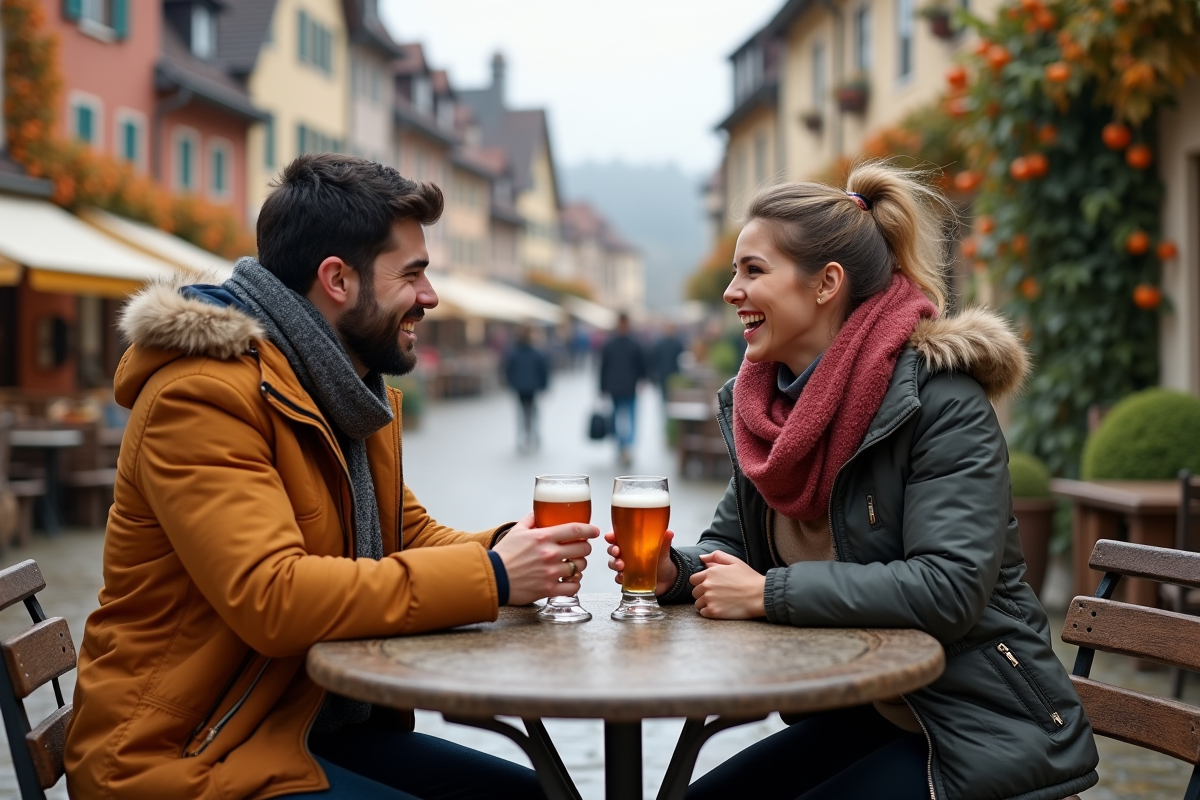 Deux amis partageant du cidre dans une place alsacienne