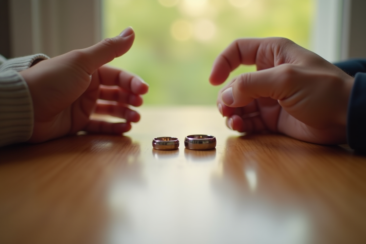 Anneaux de mariage entre mains séparées sur une table en bois