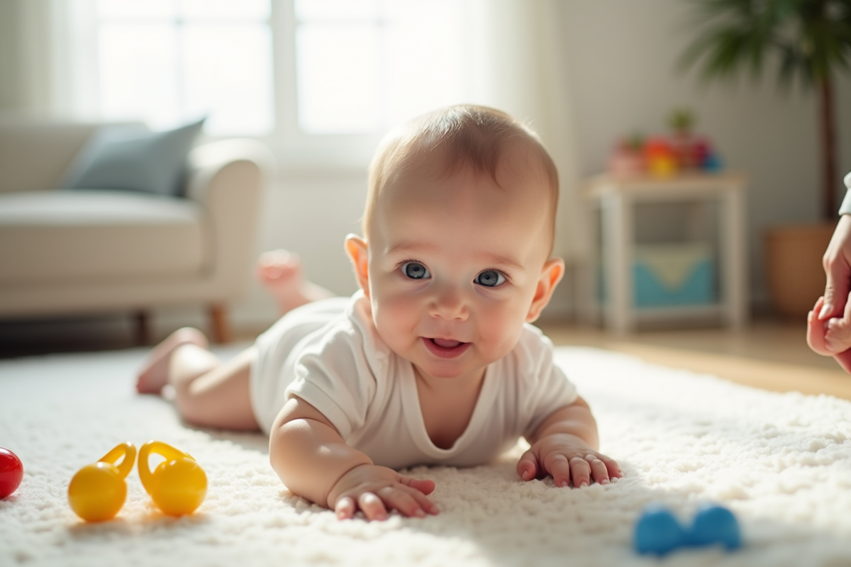 Bébé de 4 mois lors du tummy time sur un tapis propre