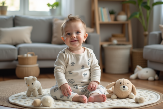 Bébé garçon de 7 mois assis sur un tapis de jeu