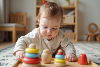 Bébé fille de 10 mois joue avec anneaux Montessori colorés