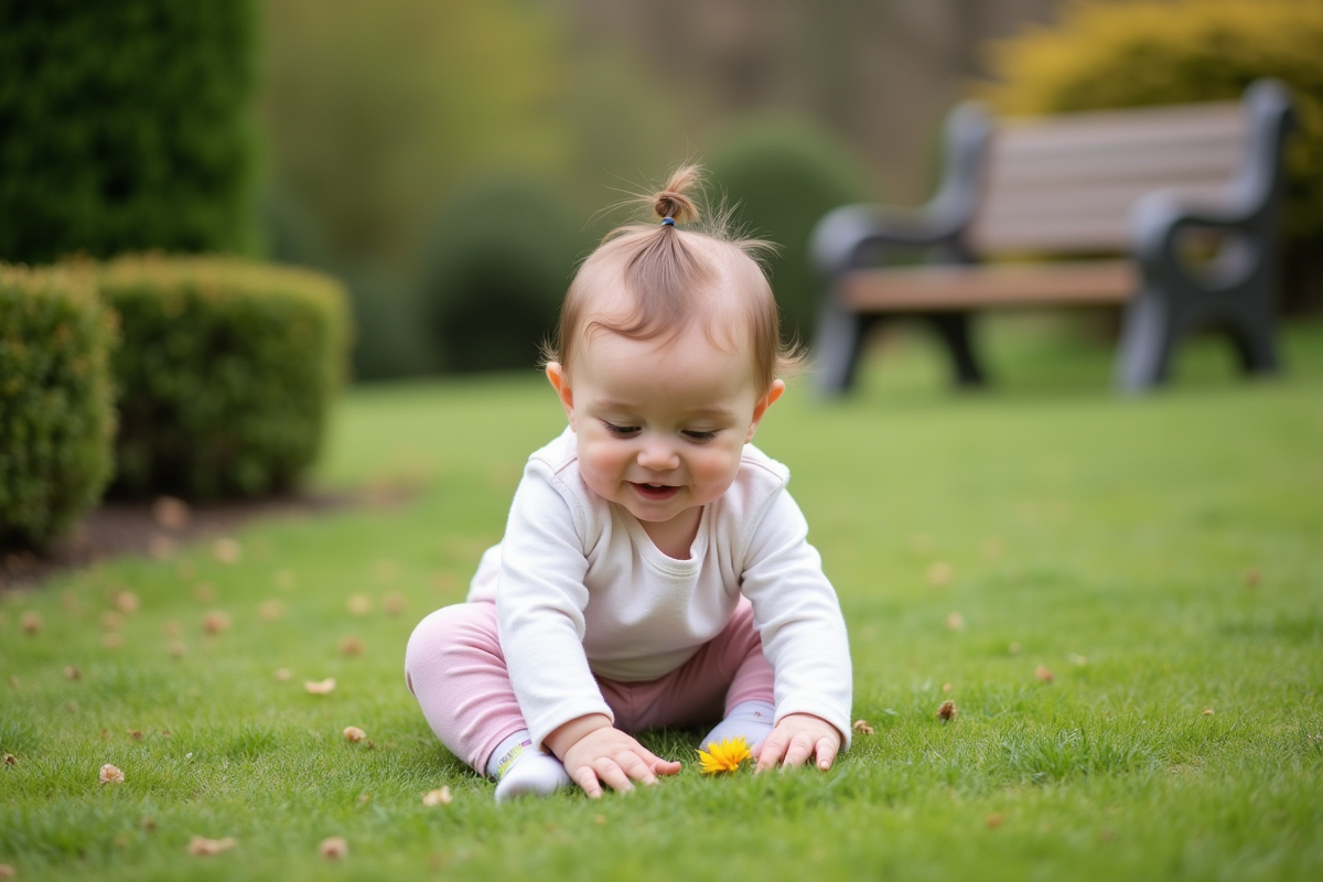 Bébé fille de 9 mois dans un jardin vert