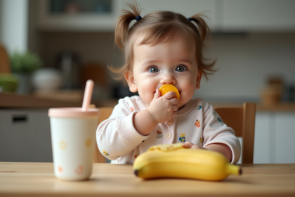 Bébé fille de six mois explore un pacifier fruité