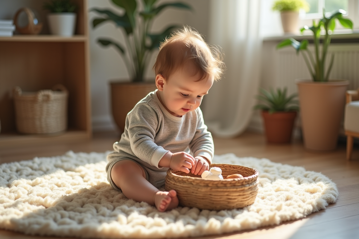 Bébé garçon de 12 mois explore un panier sensoriel dans le salon