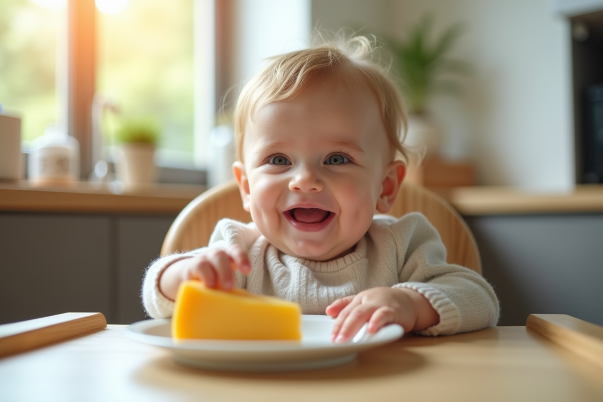 Bébé souriant dans une chaise haute mangeant du fromage La Vache qui rit