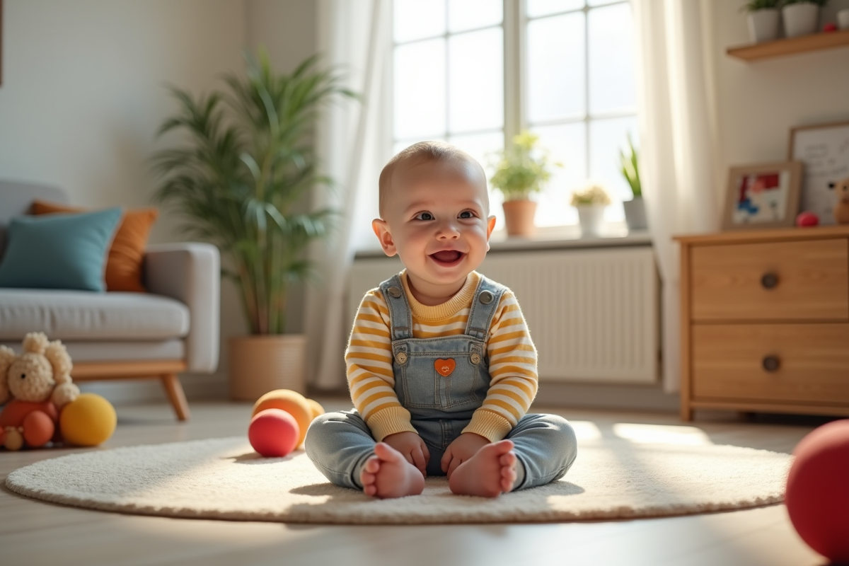Bébé souriant assis sur un tapis dans un salon moderne