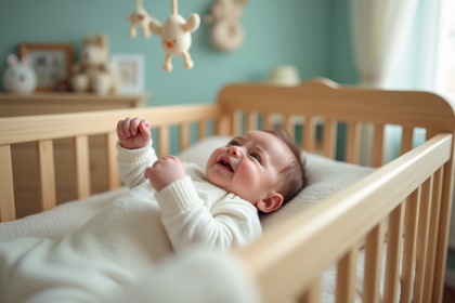 B&eacute;b&eacute; de six mois dans un lit en bois avec une atmosph&egrave;re douce