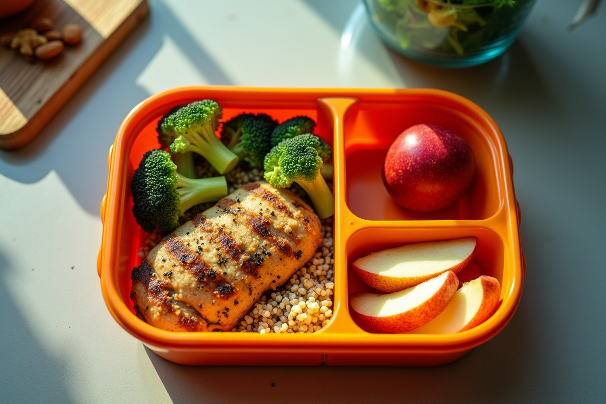 Boîte à lunch ouverte avec quinoa et légumes colorés