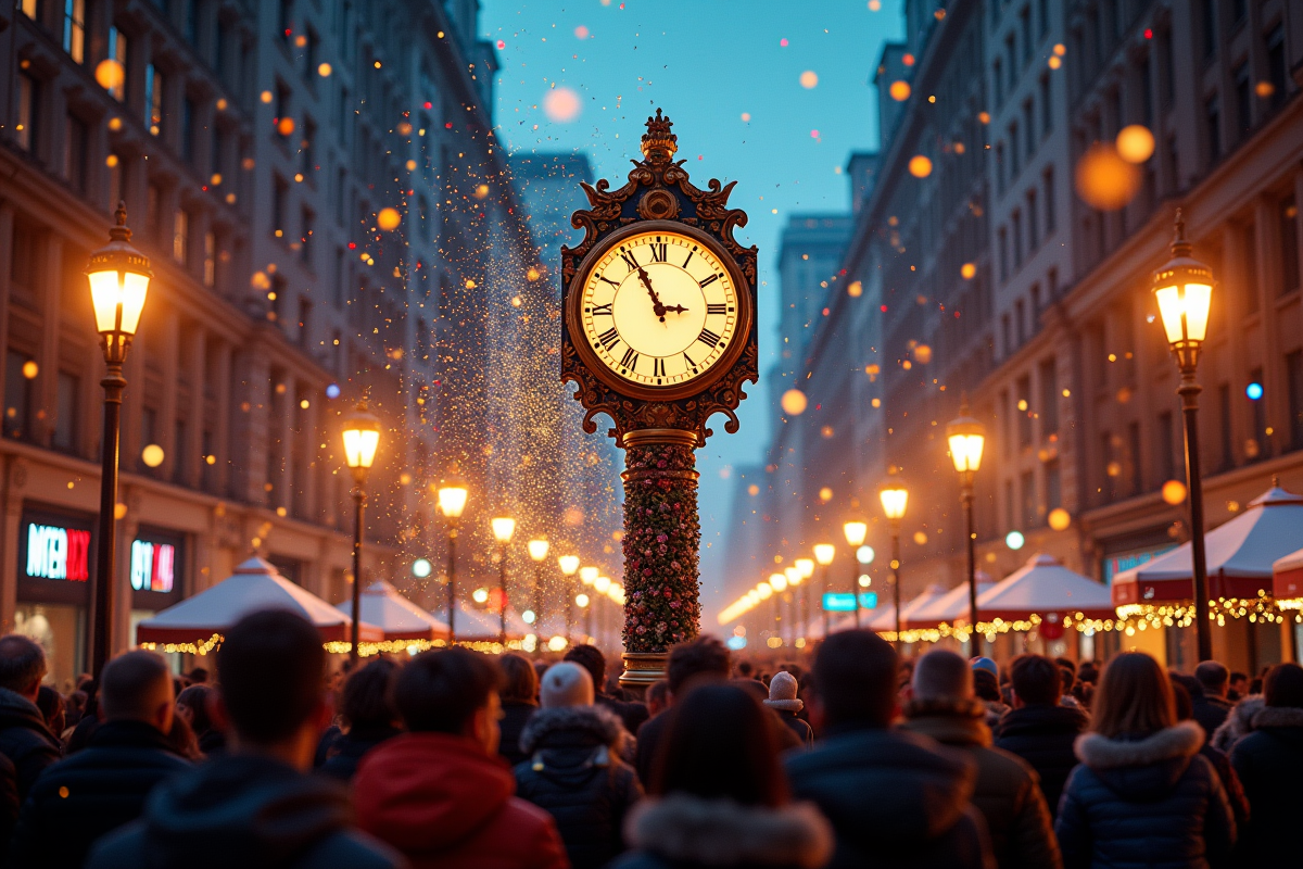 Fête du Nouvel An dans une ville avec foule et horloge minuit