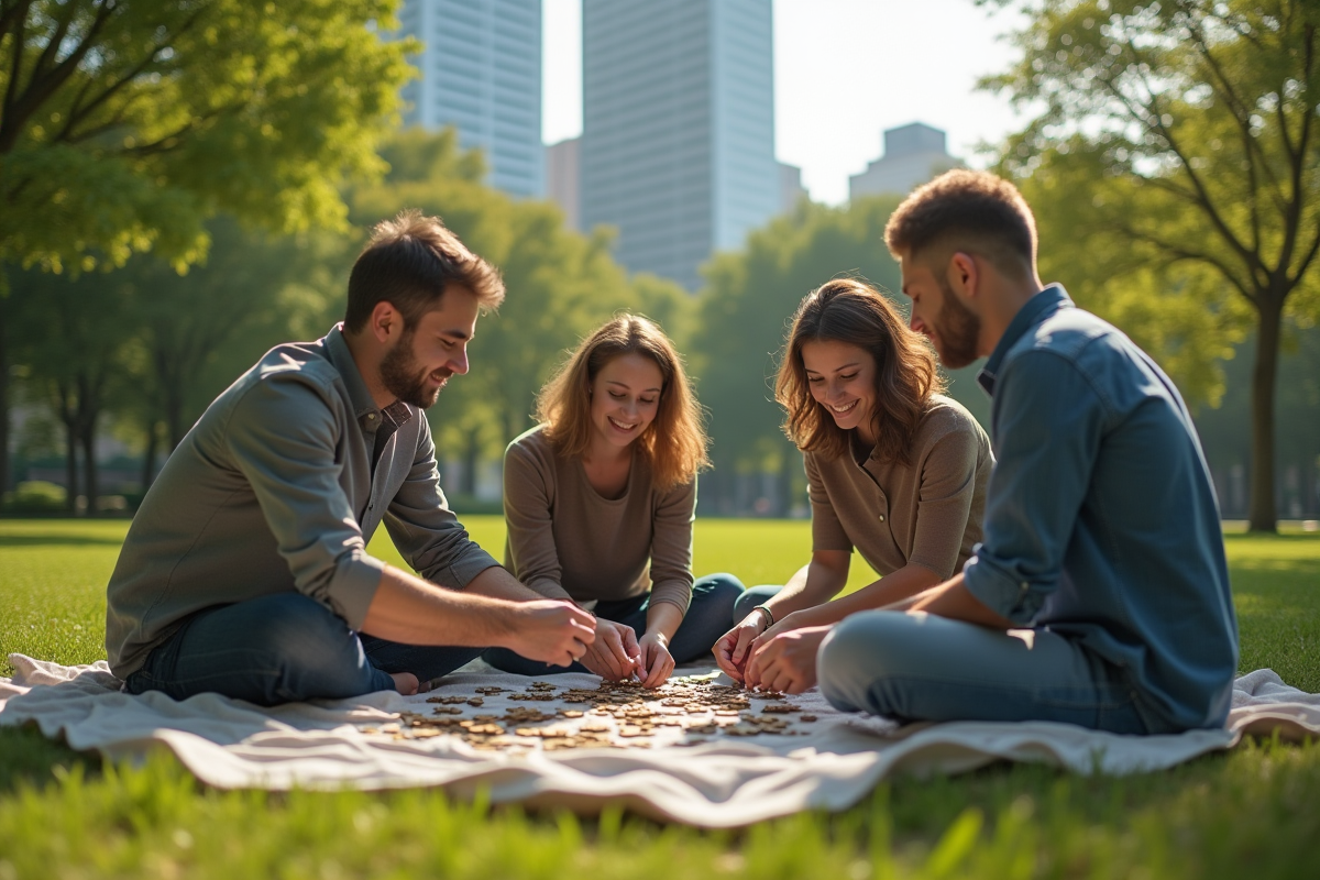 Collègues résolvant un puzzle en plein air dans un parc