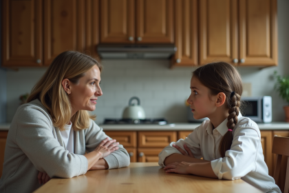 Femme et adolescente lors d'une conversation tendue à la cuisine