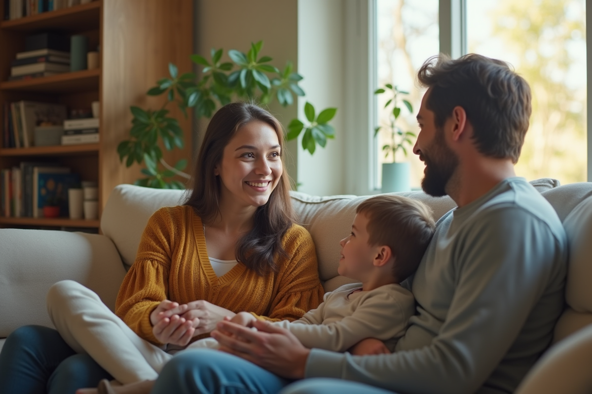 Parent et enfant dans un salon recevant des conseils rassurants
