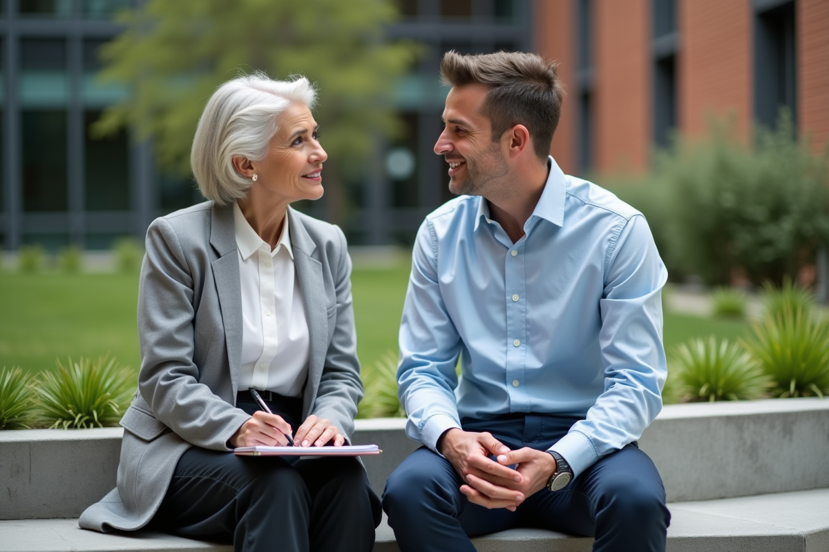 Jeune homme discutant avec une collègue en extérieur