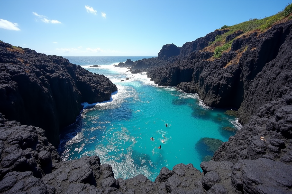 Côte volcanique avec bassin de lave et eaux cristallines à la Réunion