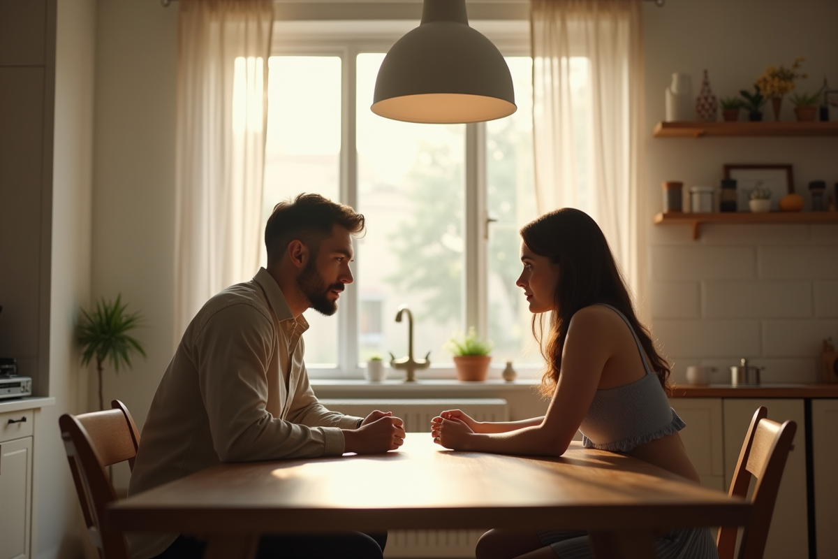 Couple assis à la cuisine avec distance émotionnelle