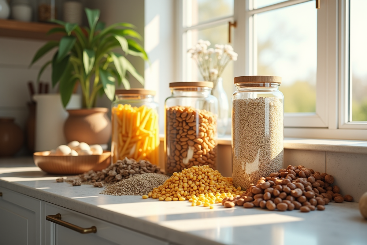 Plan d'une cuisine moderne avec aliments longue conservation