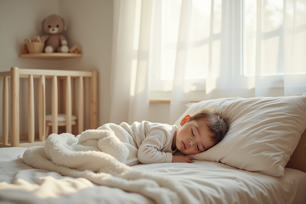 Enfant endormi paisiblement dans un lit convertible dans une chambre douce