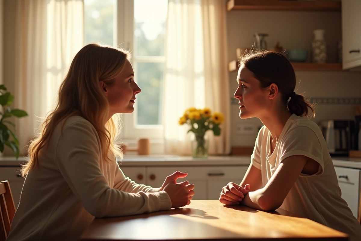 Conversation chaleureuse entre travailleur social et parent inquiet