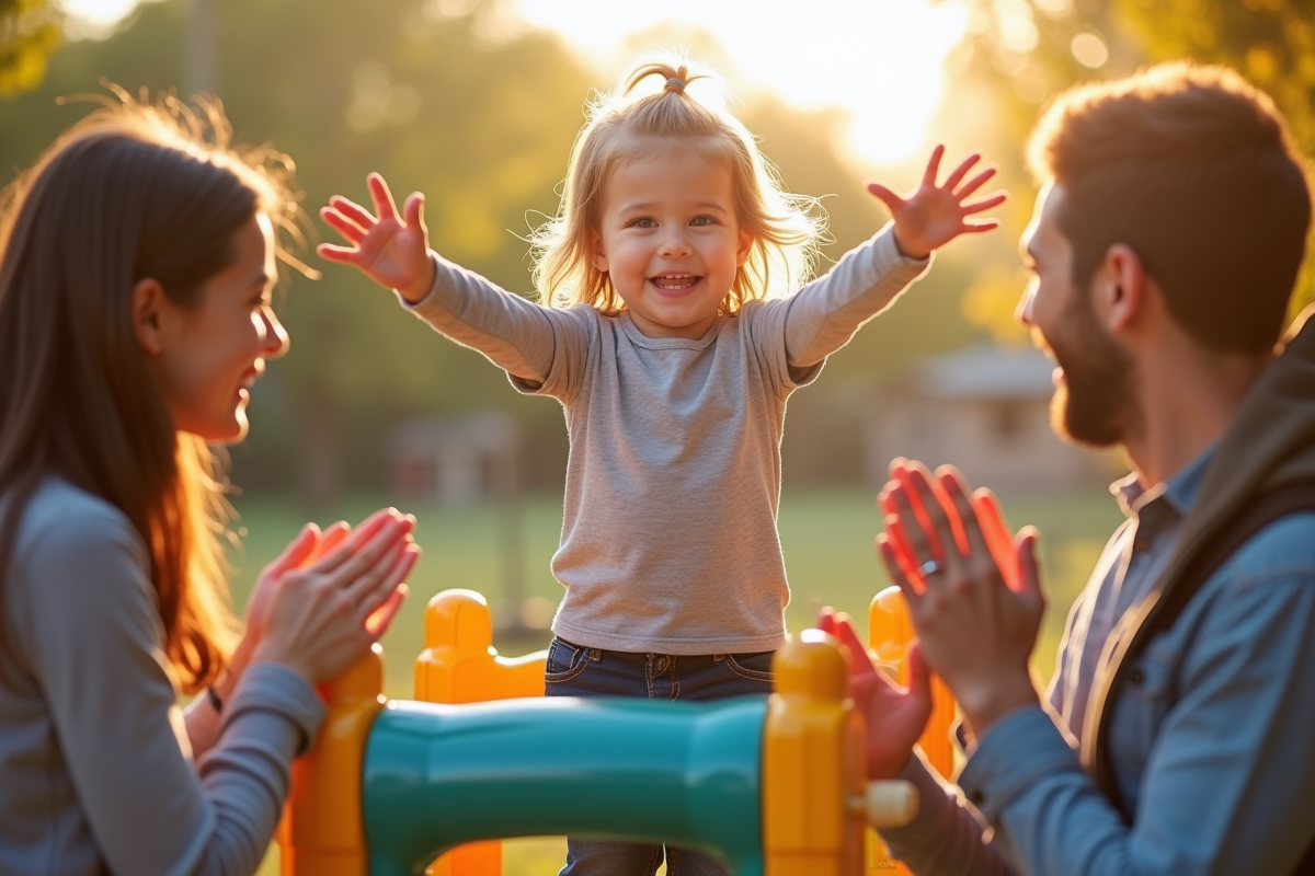 Enfant confiant sur une aire de jeux avec parents applaudissant