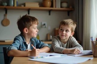 Garçon de 10 ans faisant ses devoirs avec sa mère à la maison