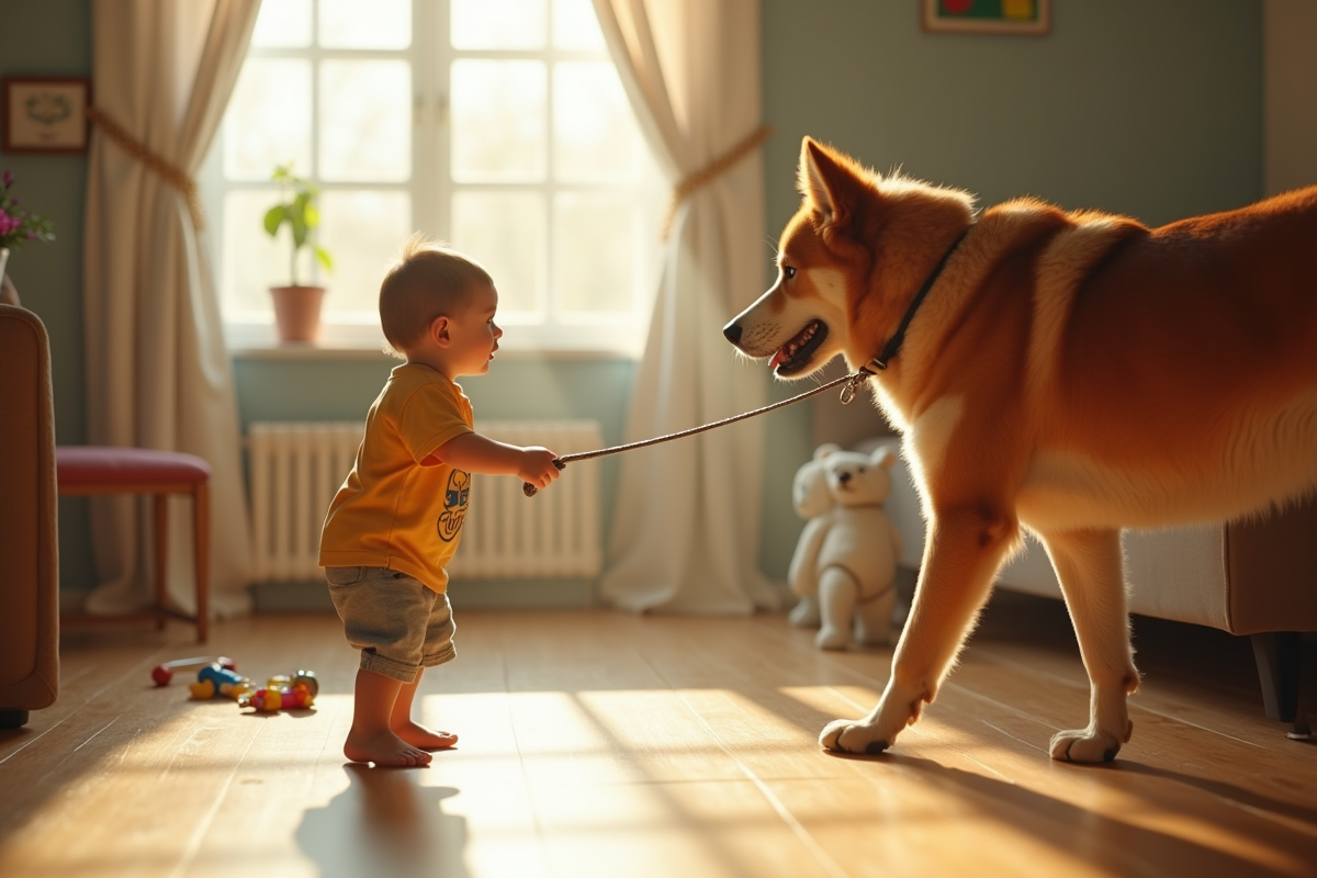 Jeune enfant mal à l'aise avec un gros chien en laisse à l'intérieur