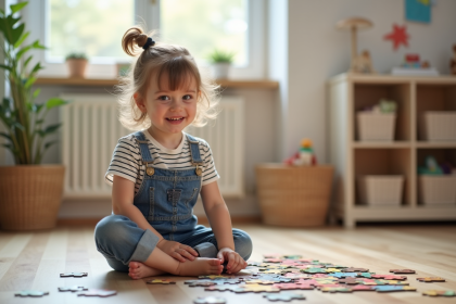 Fille de trois ans assemble un puzzle coloré dans un salon lumineux