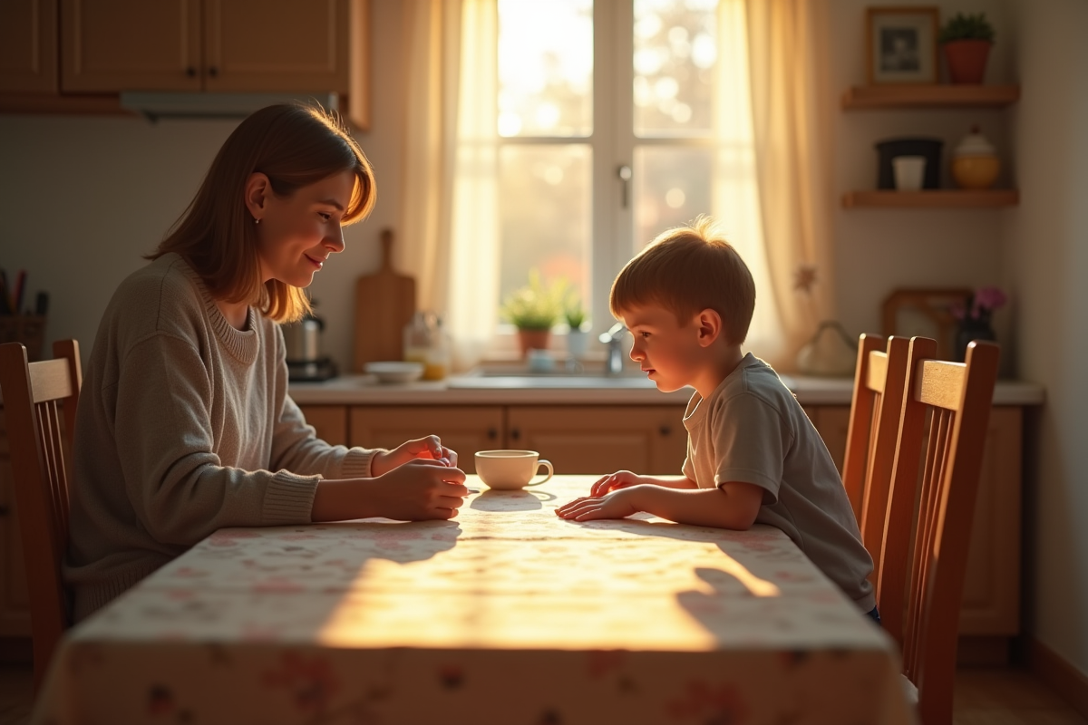 Enfant inquiet avec parent dans la cuisine lumineuse