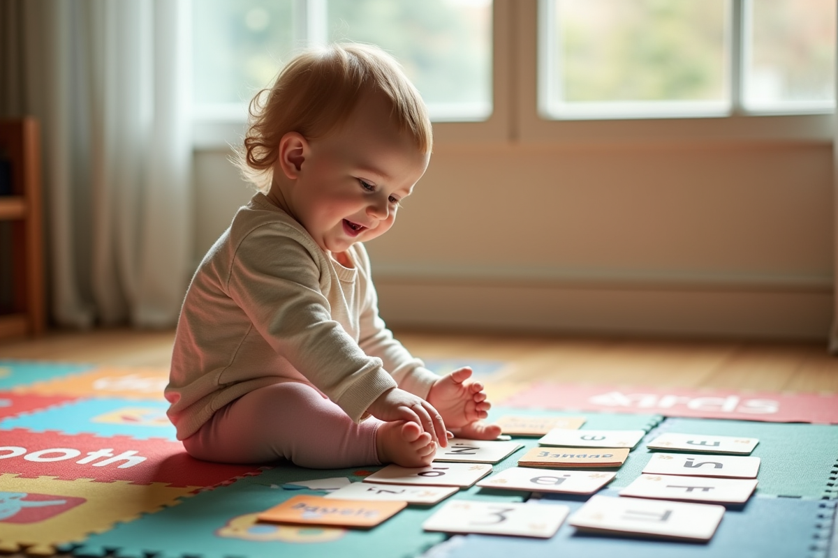 Enfant souriant sur tapis coloré pointant des flashcards