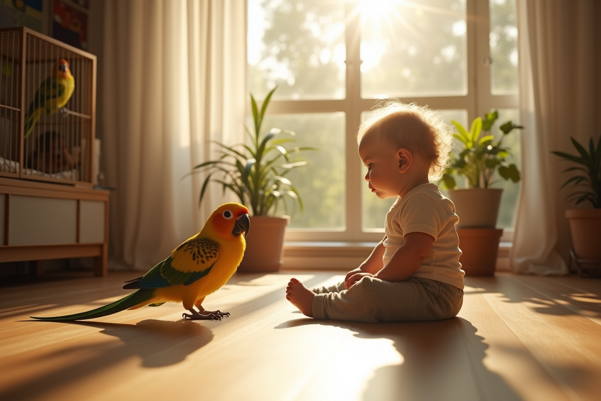 Enfant assis triste regardant un perroquet dans une cage le matin