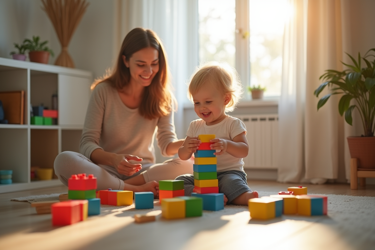 Enfant et parent construisant une tour colorée avec des blocs en salon