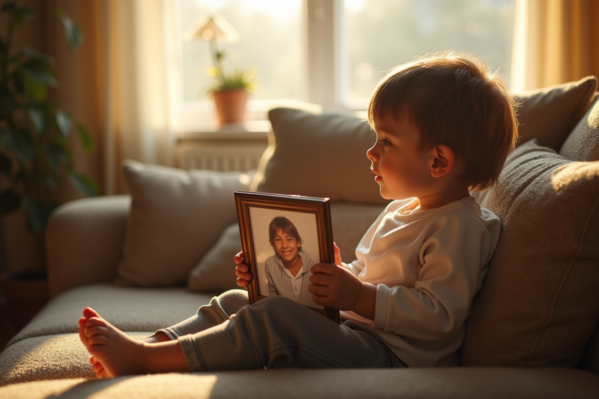 Jeune enfant assis sur un canapé lumineux avec photo de parent