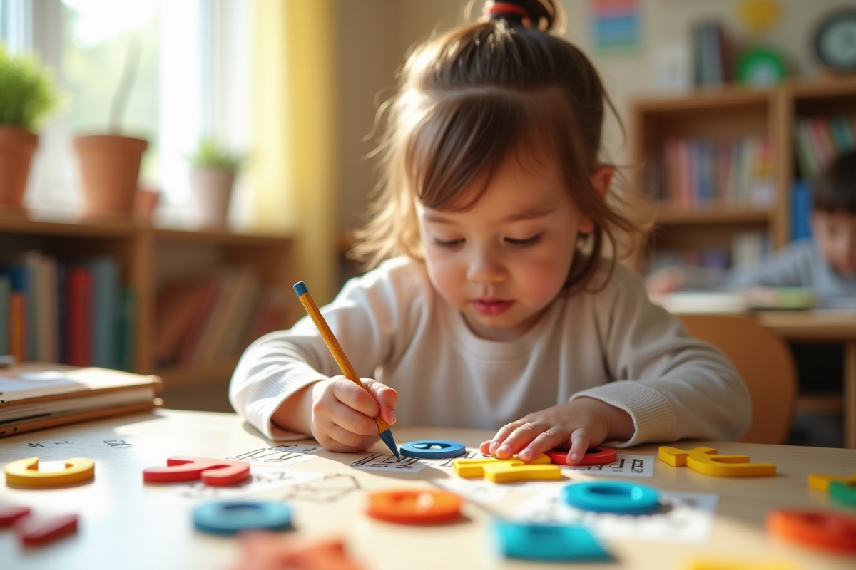 Jeune enfant traçant des lettres colorées à l'école