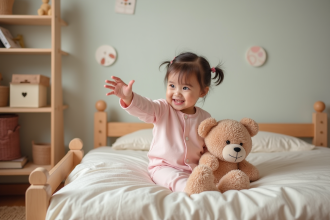 Petite fille en pyjama rose dans un lit Montessori