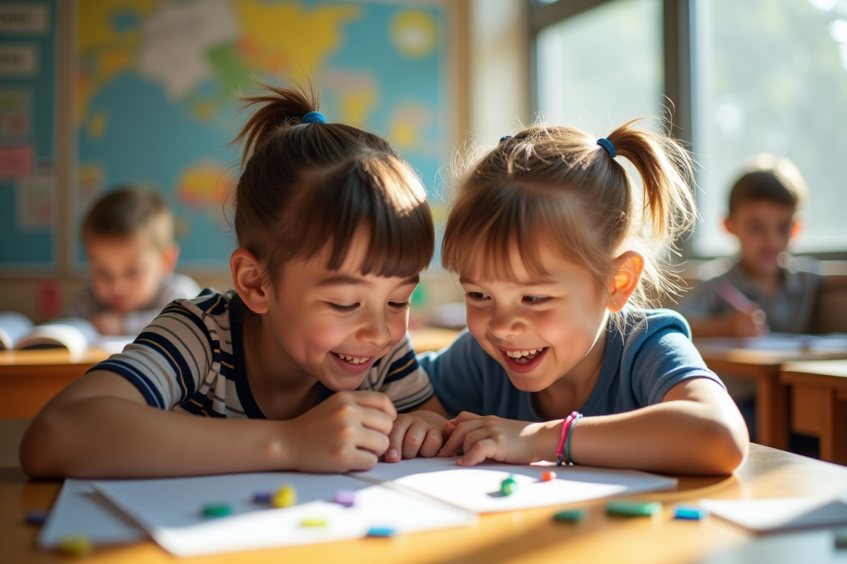 Deux enfants espiègles partageant un secret dans une classe ensoleillée