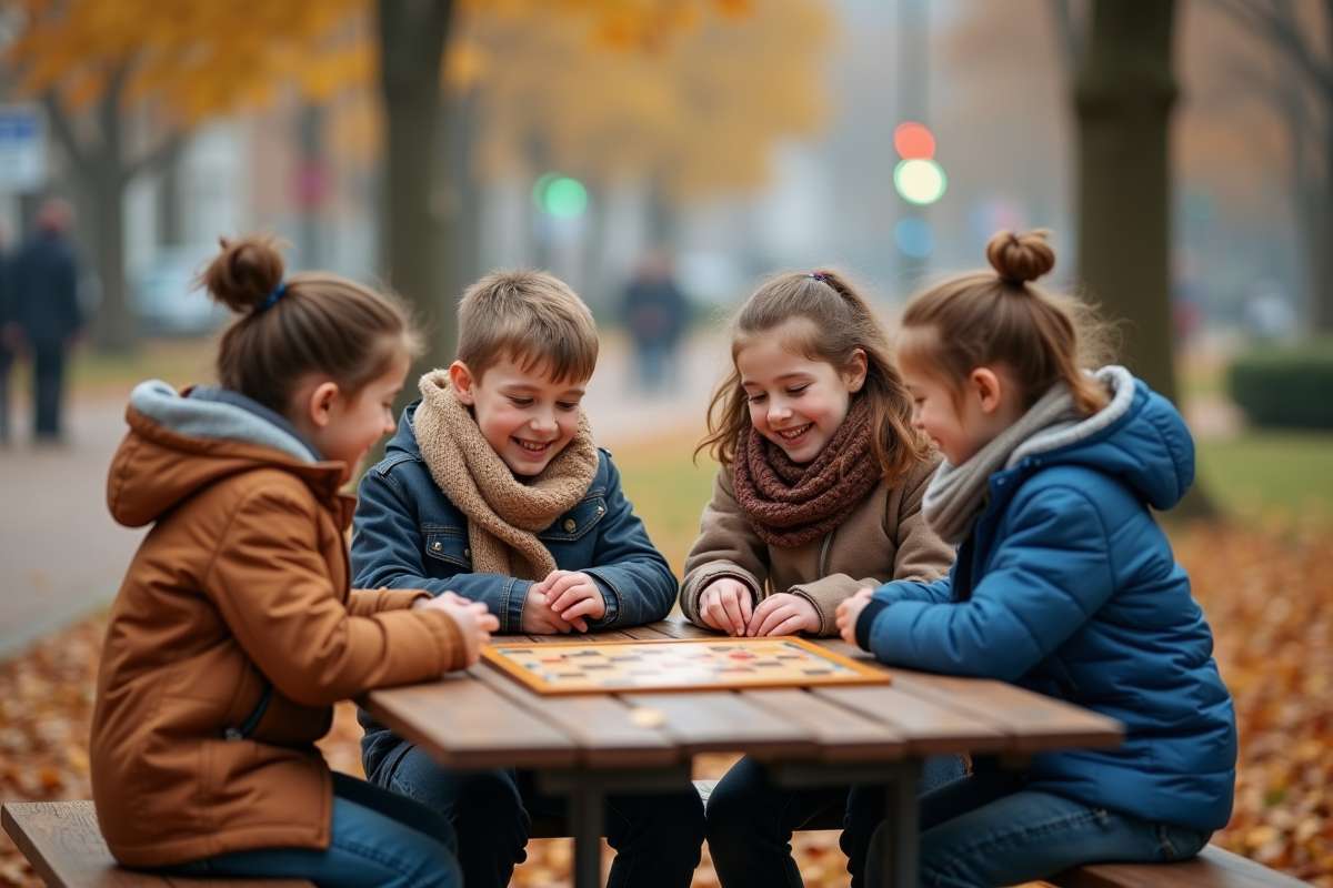Quatre enfants jouant à un jeu de société dans un parc