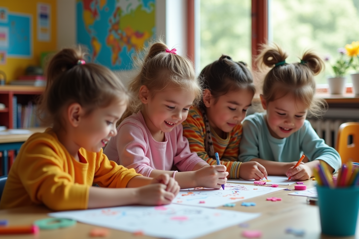 Enfants divers travaillant en équipe dans une classe colorée