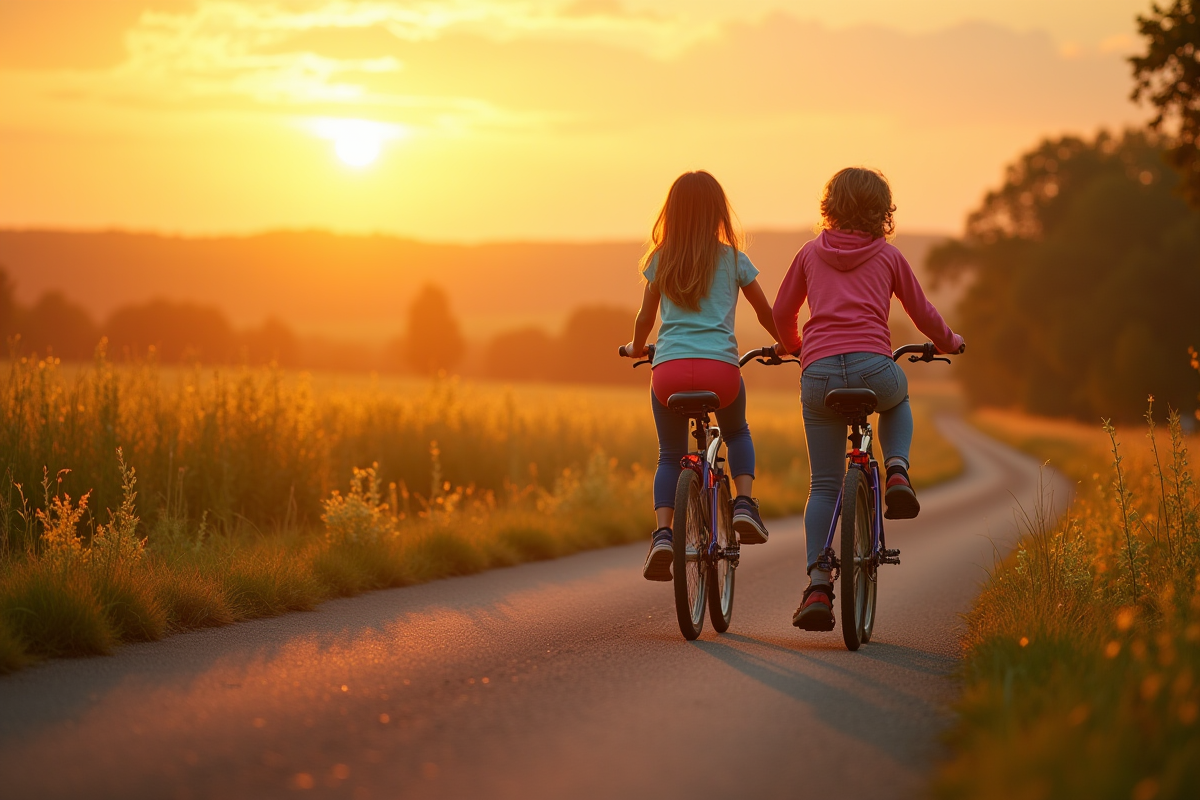 Deux amis à vélo dans un paysage rural au lever du soleil