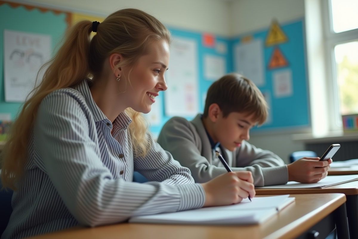 Enseignant observant un élève vérifiant ses réponses sur un smartphone en classe