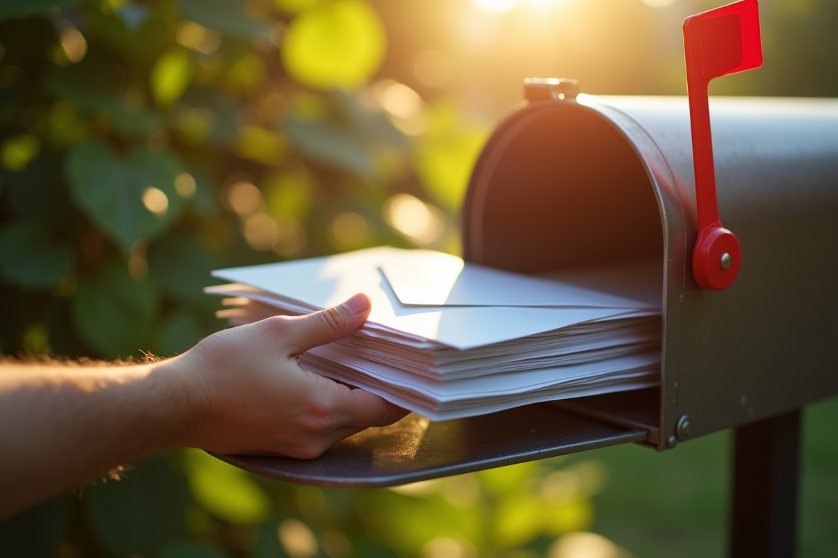 Main déposant des enveloppes dans une boîte aux lettres ensoleillée
