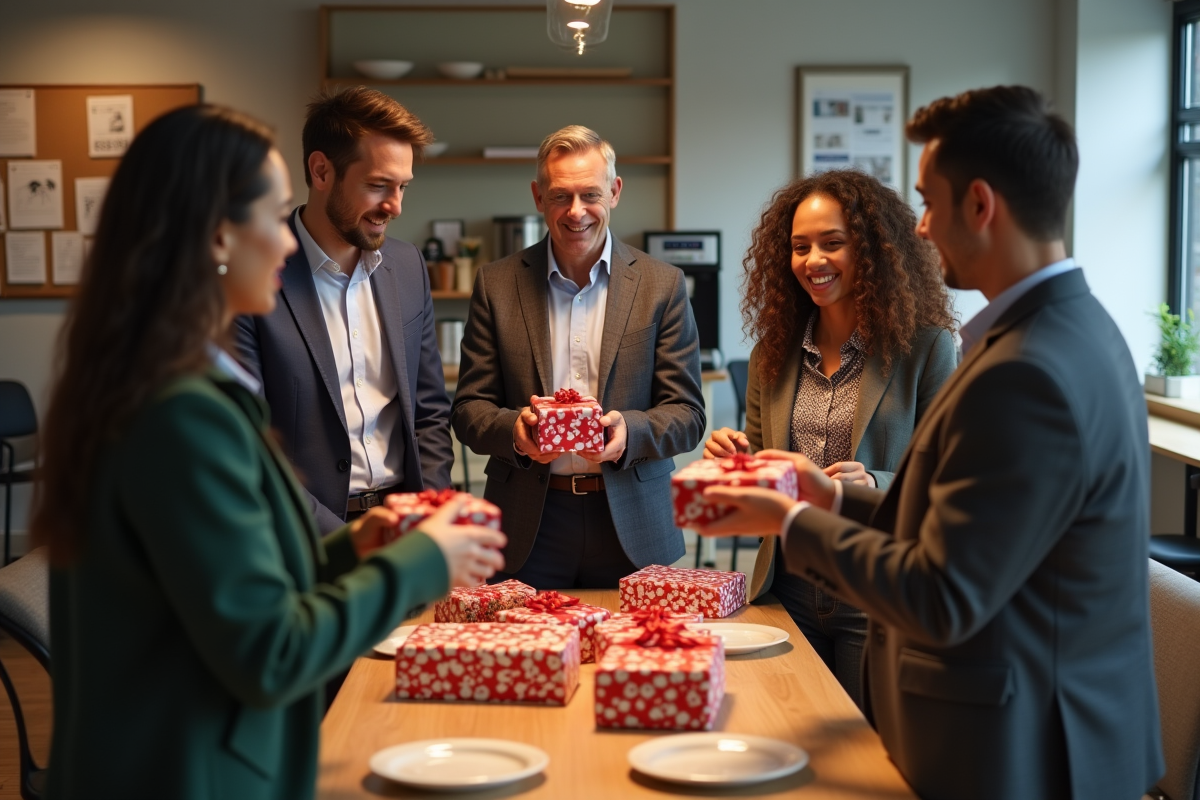 Groupe de collègues échangeant des cadeaux dans un bureau convivial
