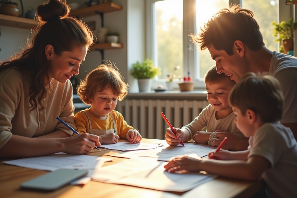 Famille à la cuisine planifiant le budget familial