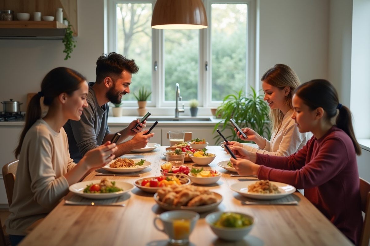 Famille à table dans une cuisine lumineuse distraite par leurs écrans