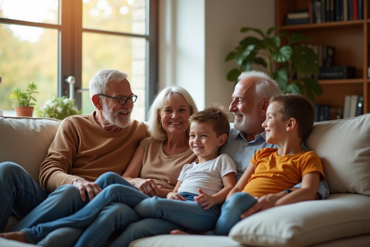 Famille multigenerationale dans un salon chaleureux