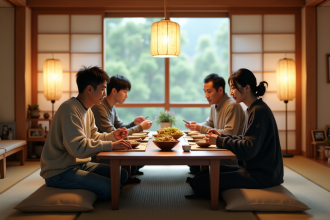 Famille japonaise réunie pour un repas traditionnel à la maison
