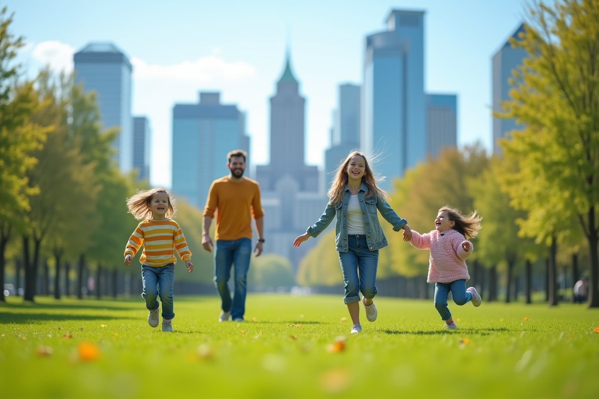 Famille heureuse jouant dans un parc vert en ville