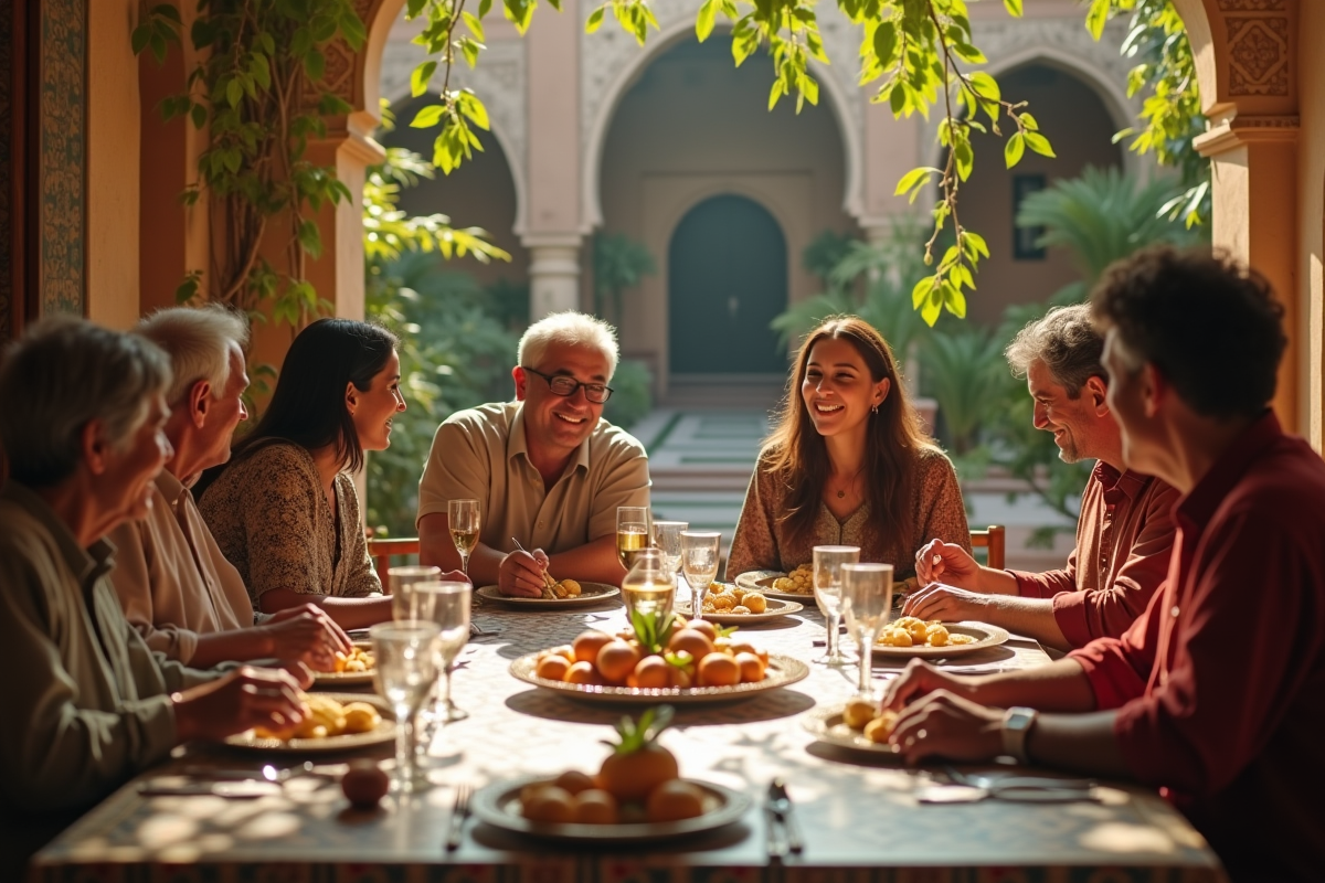 Famille marocaine multigenerational réunie dans une cour ensoleillée
